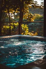 Relaxing moment in a serene hot tub surrounded by lush greenery during golden hour in a tranquil retreat