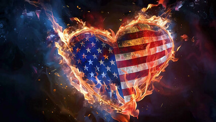 Flaming heart painted as the USA flag, symbolizing intense love for the country and patriotism during the election season new stock image illustration AI