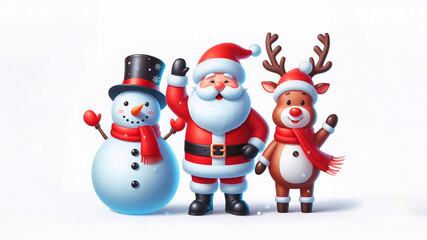Happy Christmas characters: Santa Claus, snowman and reindeer waving, smiling isolated on white background