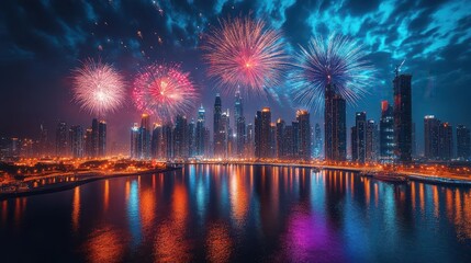 Fototapeta premium dazzling fireworks display over city skyline reflections in water starry night sky vibrant colors new years celebration atmosphere