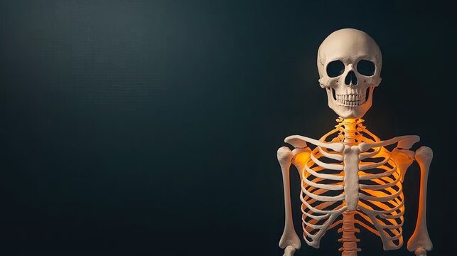 A realistic skeleton model on a dark background, showcasing human anatomy, ideal for educational and medical purposes.