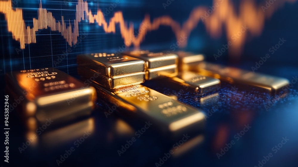 Poster A close-up of gleaming gold bars stacked neatly, with a financial graph overlay showing upward trends in the background, highlighting investment growth.