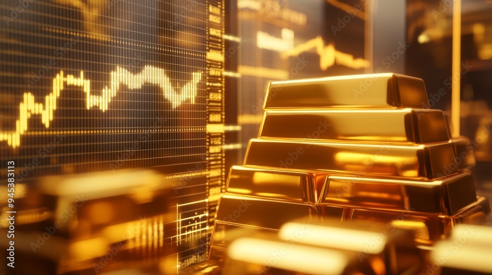 Poster A close-up of gold bars stacked next to a transparent screen with animated graphs and charts, showing real-time fluctuations in gold prices.