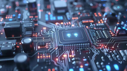 Digital electronic circuit board in neon colors with vibrant energy flowing through, creating a futuristic and dynamic background new stock image illustration AI