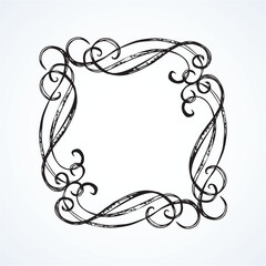 Old cute romantic book ribbon bow swirly tag swoosh element isolated on white paper card backdrop. Freehand black ink pen outline drawn curly corner sketchy in artistic rustic curlicue scrawl style