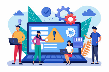 Computer outage, error or failure causing by software update mistake, operating system crash or cyber attack, server down or technical issue concept, people victims looking at computer laptop outage. 