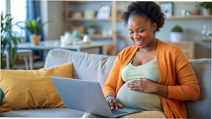 Happy pregnant black mom working remotely on laptop cradling baby bump. Inclusive flexible remote workplace. Expectant mother on team video call handover before maternity leave