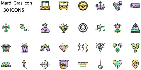 Set of Mardi Gras icons. Line art style icons bundle. vector illustration