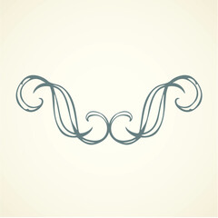 Fototapeta premium Old cute romantic book ribbon bow swirly tag swoosh element isolated on white paper card backdrop. Freehand black ink pen outline drawn curly corner sketchy in artistic rustic curlicue scrawl style