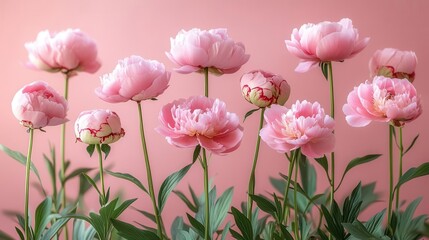 delicate pink peonies in various stages of bloom flowers levitating against soft pink backdrop dreamy romantic composition with focus on petal details and gentle color palette