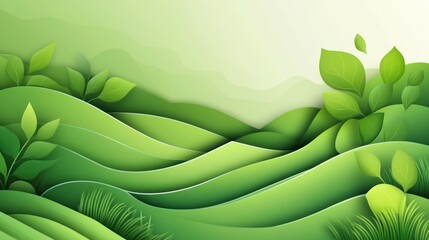 Papercut Landscape with Green Hills and Leaves