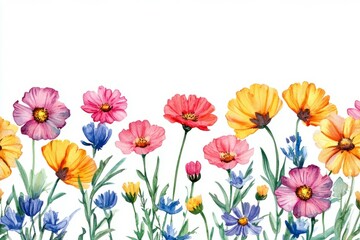 Vibrant watercolor flowers blooming in a colorful garden during sunny spring days