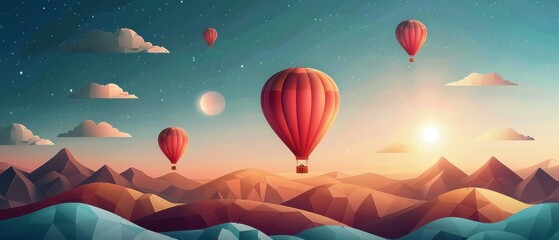 Obraz premium Vibrant hot air balloons floating in a clear blue sky over a colorful, blossoming field. Free copy space for banner.