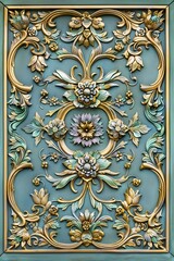 A detailed ornate floral decorative panel featuring intricate gold and pastel flowers and leaves on a teal background, exuding elegance and luxury.

