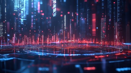 A futuristic digital landscape with glowing data streams and circular patterns.