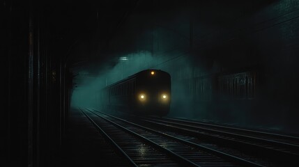 Naklejka premium Train Disappearing into Foggy Night
