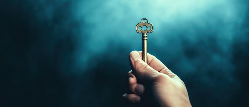 A vintage key held in a hand, illuminated by soft light, symbolizing unlocking potential and mysteries in life.
