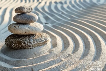 A serene composition of stacked black stones in a Zen garden, surrounded by lush green foliage, creating a peaceful and harmonious atmosphere.