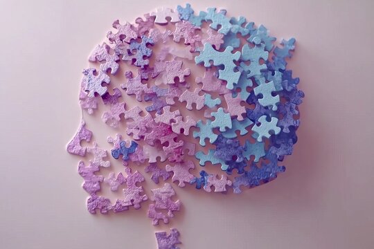 A human brain made of pink puzzle pieces on a soft pink background symbolizes the complexity of cognitive processes and the delicate balance of mental functions in a minimalist design