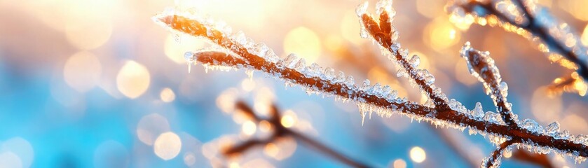 A frosty branch glistens in the sunlight, capturing the beauty of nature during a cold morning, with a soft bokeh background.