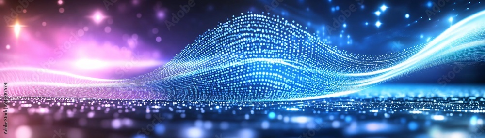 Poster a stunning digital wave of colorful lights, creating a mesmerizing visual effect with sparkling dots