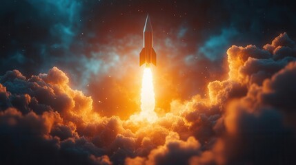 determined entrepreneur launching paper rocket from hand soaring through clouds towards rising sun metaphor for business growth and ambition