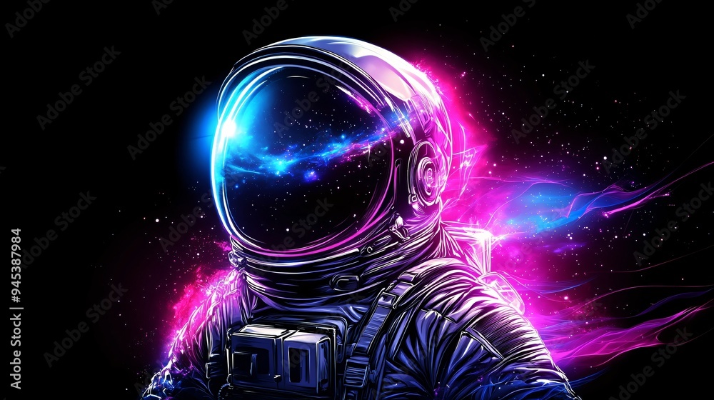 Poster a vibrant astronaut floats in a cosmic space with radiant colors and celestial patterns, embodying t