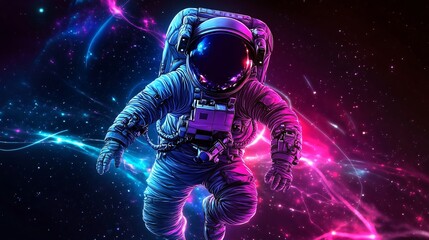 A vibrant astronaut floating in a colorful cosmic space, surrounded by stunning nebulae and ethereal lights, symbolizing exploration.