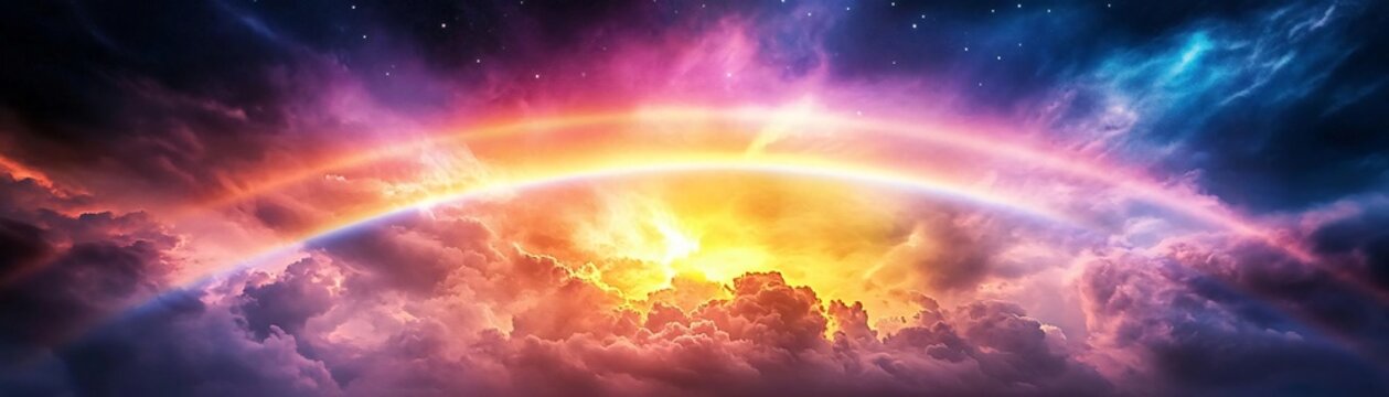 A vibrant cosmic landscape features radiant colors and swirling clouds, evoking a sense of wonder and infinite possibilities.