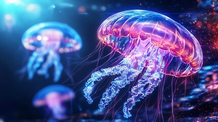 A vibrant jellyfish swimming through the ocean, showcasing its luminescent tentacles and graceful movement in an underwater scene.