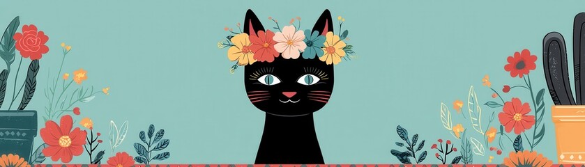 A charming black cat adorned with a floral crown, surrounded by colorful flowers and plants, exuding a whimsical vibe.