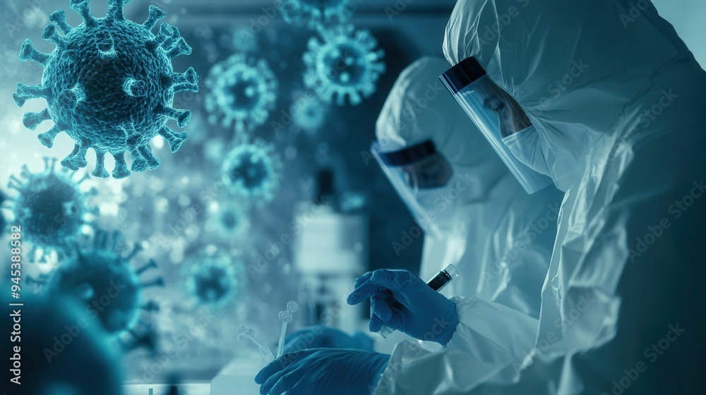 Aufkleber medical personnel in protective suits examine viruses through a microscope while working diligently 