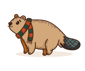 A playful cartoon beaver wearing a colorful scarf.