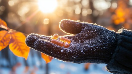 Hand in glove holding capsules in a winter forest during sunset hours