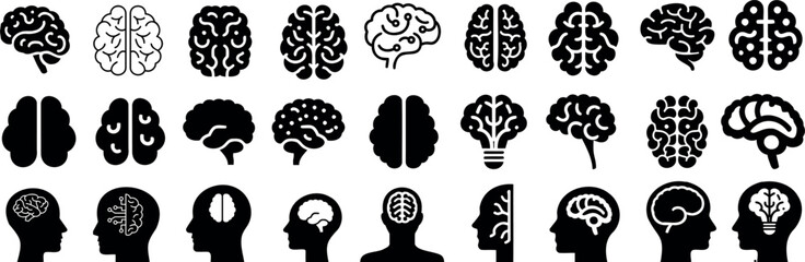 Brain icon vector set, head silhouettes, brain anatomy, mental health, cognition, creativity vector illustration for psychology, education, neuroscience visuals, design, and technology project