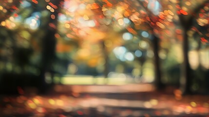 A blurred autumn scene with colorful leaves and trees lining a pathway.