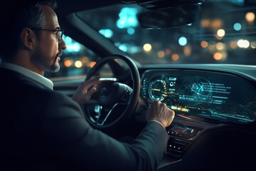Businessman interacting with innovative smart car interface in a 3d rendered environment