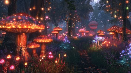 Obraz premium Enchanted Forest Path with Glowing Mushrooms & Fairy Lights