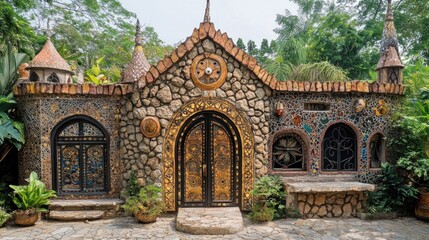 A stone-clad building with a golden door and mosaic details.