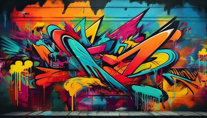 Fototapeta premium An urban background with retro graffiti featuring bright colors and wild patterns.