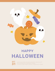 Halloween hand drawn  illustration poster with  ghosts and pumpkin.