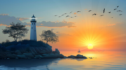 Fototapeta premium A lighthouse on a rocky cliff with the sun setting over the water