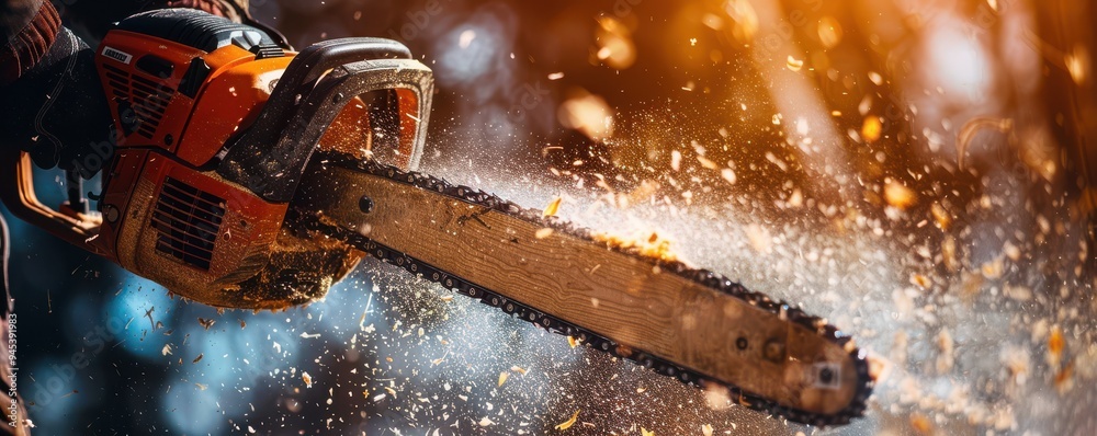 Wall mural dynamic close-up of a chainsaw in action, with flying wood chips and sawdust creating a dramatic eff