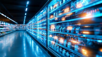 Futuristic Supermarket with Illuminated Shelves and Digital Price Tags