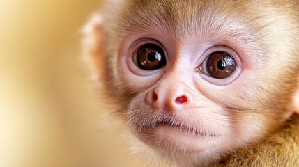 An extreme close-up of a baby Capuchin monkeys face, highlighting its delicate fur, innocent eyes