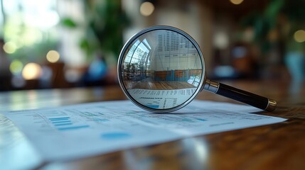 dramatic closeup of a magnifying glass hovering over financial documents and charts with soft focus background suggesting a busy office environment