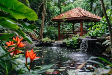 Obraz premium A tranquil garden gazebo with a water feature surrounded by lush greenery and vibrant flowers in a tropical setting