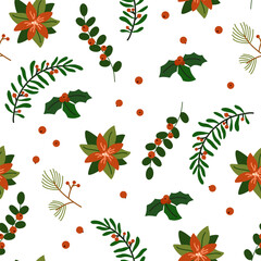 Christmas floral pattern. Seamless nature background, tree branches, leaf, plants, twigs, berries. Winter holiday repeating print for wrapping, fabric, decoration. Colored flat vector illustration