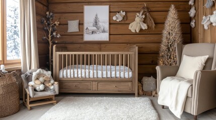 Cozy nursery interior with a wooden crib, armchair, and a small Christmas tree in a cabin.