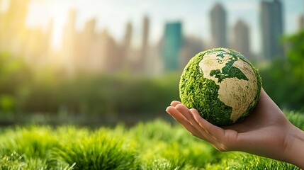 A hand holds a green globe symbolizing environmental awareness against a city backdrop.